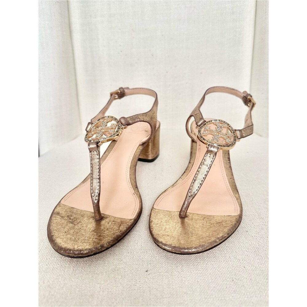 Tory Burch Crystal City Miller Block Heel Metallic Sandals Size 7